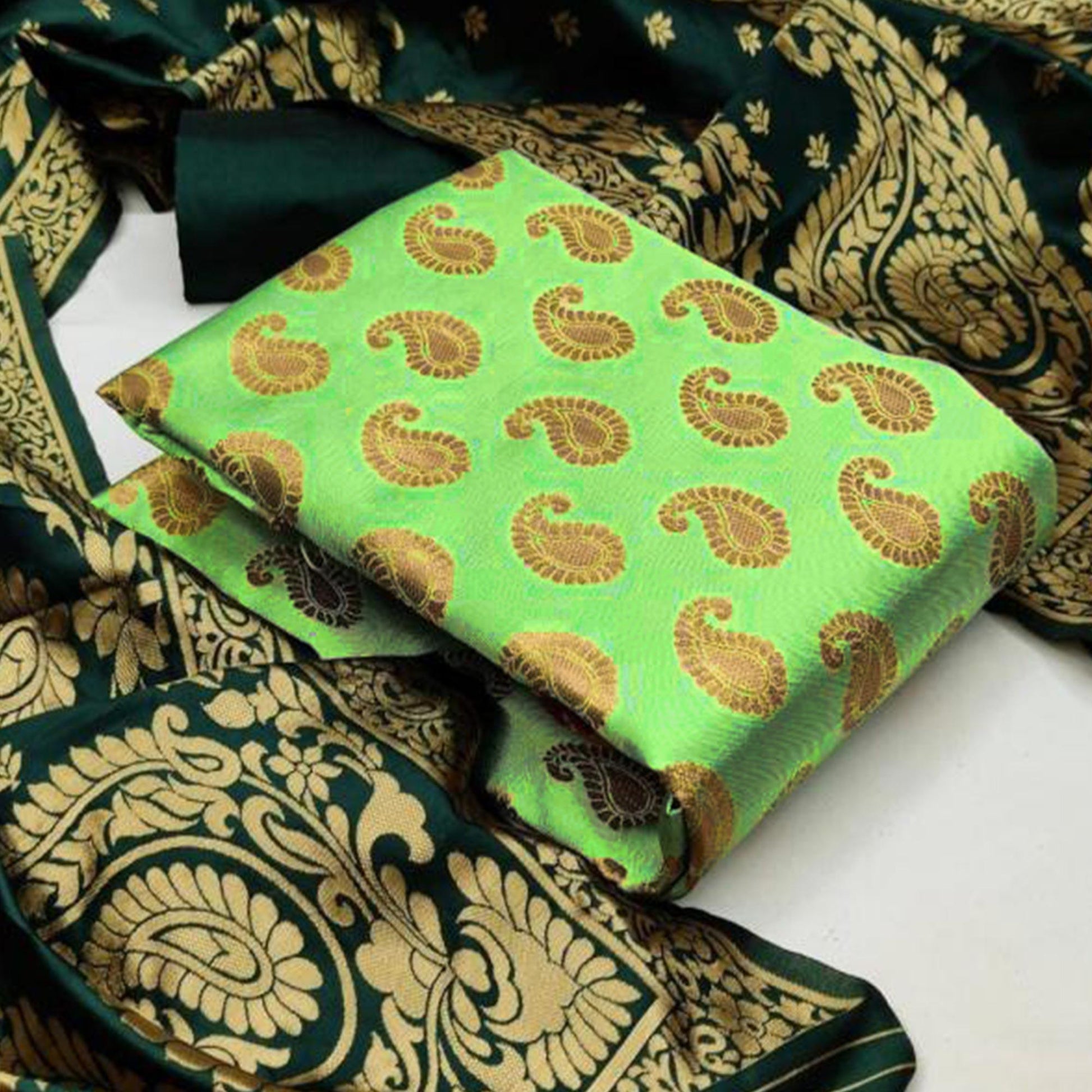 green-casaul-wear-woven-banarasi-silk-dress-material-130561