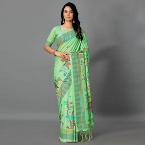green-casual-art-silk-printed-saree-with-unstitched-blouse-93910