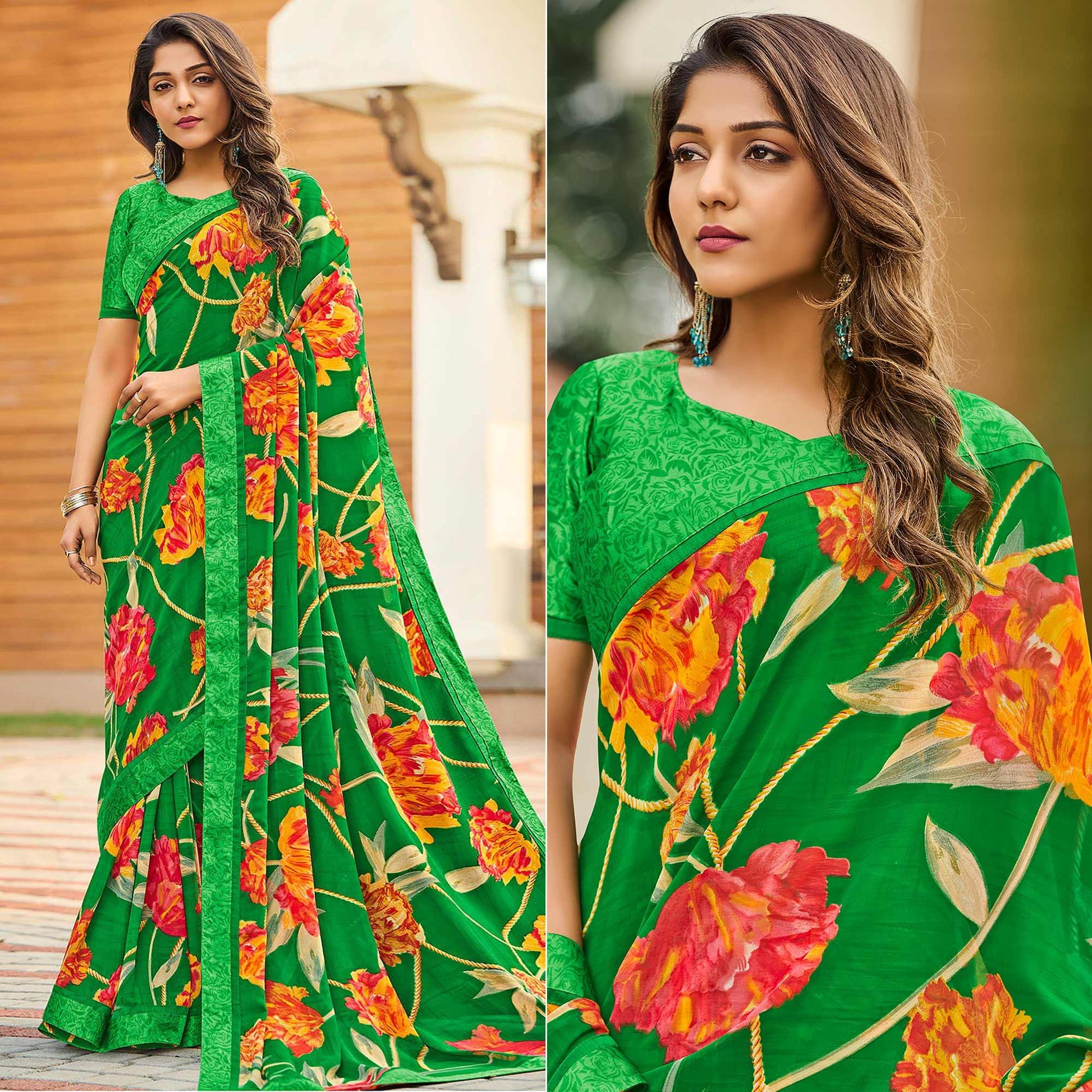green-casual-floral-printed-georgette-saree-139872