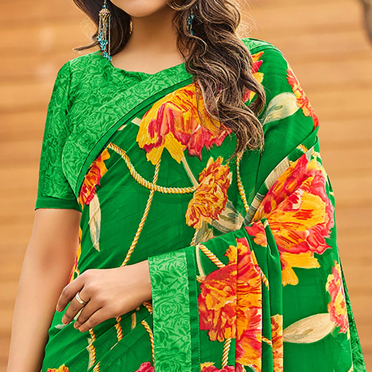 green-casual-floral-printed-georgette-saree-139872