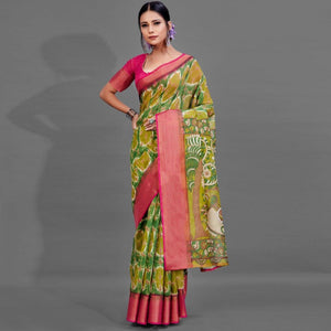 green-casual-linen-printed-saree-with-unstitched-blouse-93928