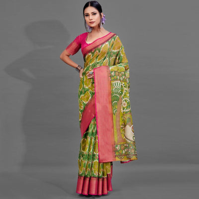 green-casual-linen-printed-saree-with-unstitched-blouse-93928
