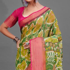 green-casual-linen-printed-saree-with-unstitched-blouse-93928