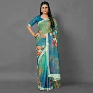 green-casual-pure-linen-digital-print-saree-with-unstitched-blouse-93981