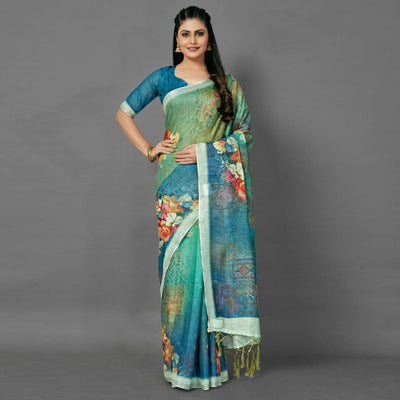 green-casual-pure-linen-digital-print-saree-with-unstitched-blouse-93981