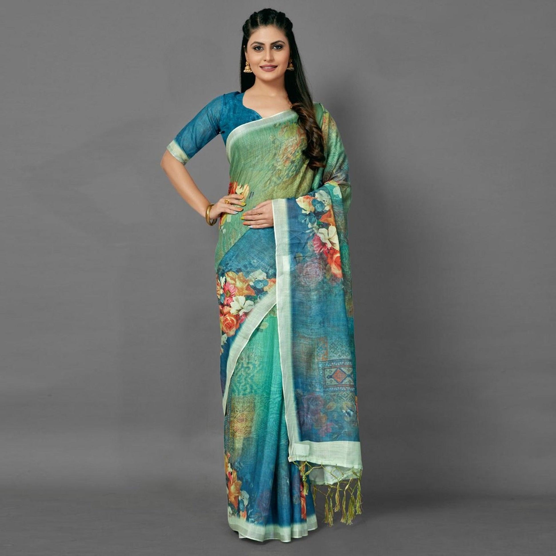 green-casual-pure-linen-digital-print-saree-with-unstitched-blouse-93981
