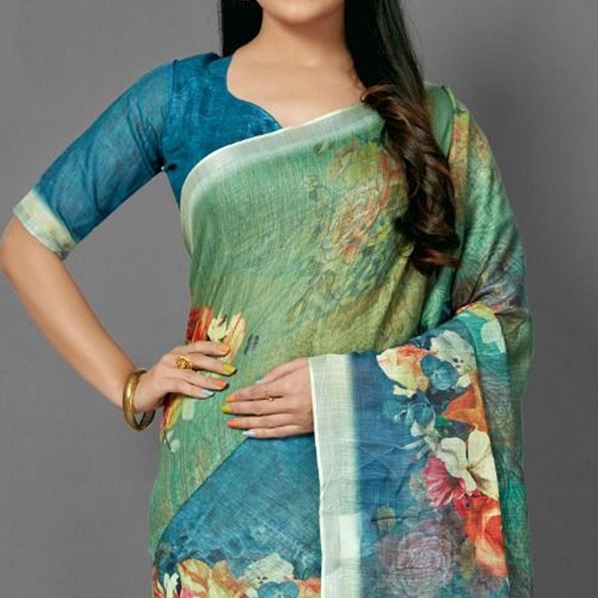 green-casual-pure-linen-digital-print-saree-with-unstitched-blouse-93981