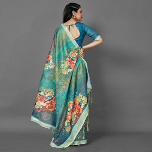 green-casual-pure-linen-digital-print-saree-with-unstitched-blouse-93981