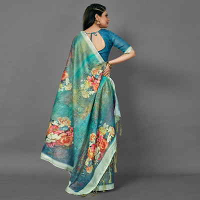 green-casual-pure-linen-digital-print-saree-with-unstitched-blouse-93981