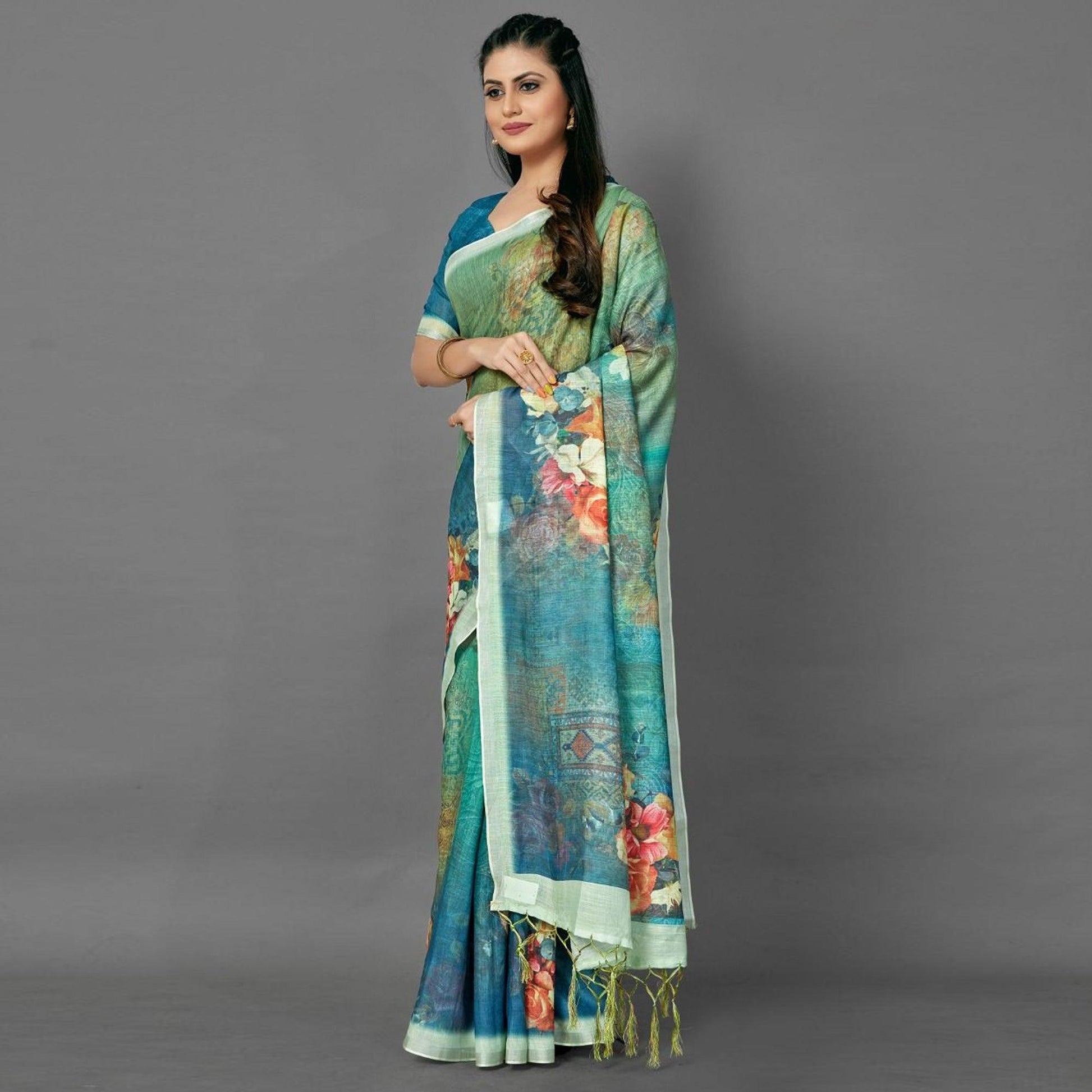 green-casual-pure-linen-digital-print-saree-with-unstitched-blouse-93981