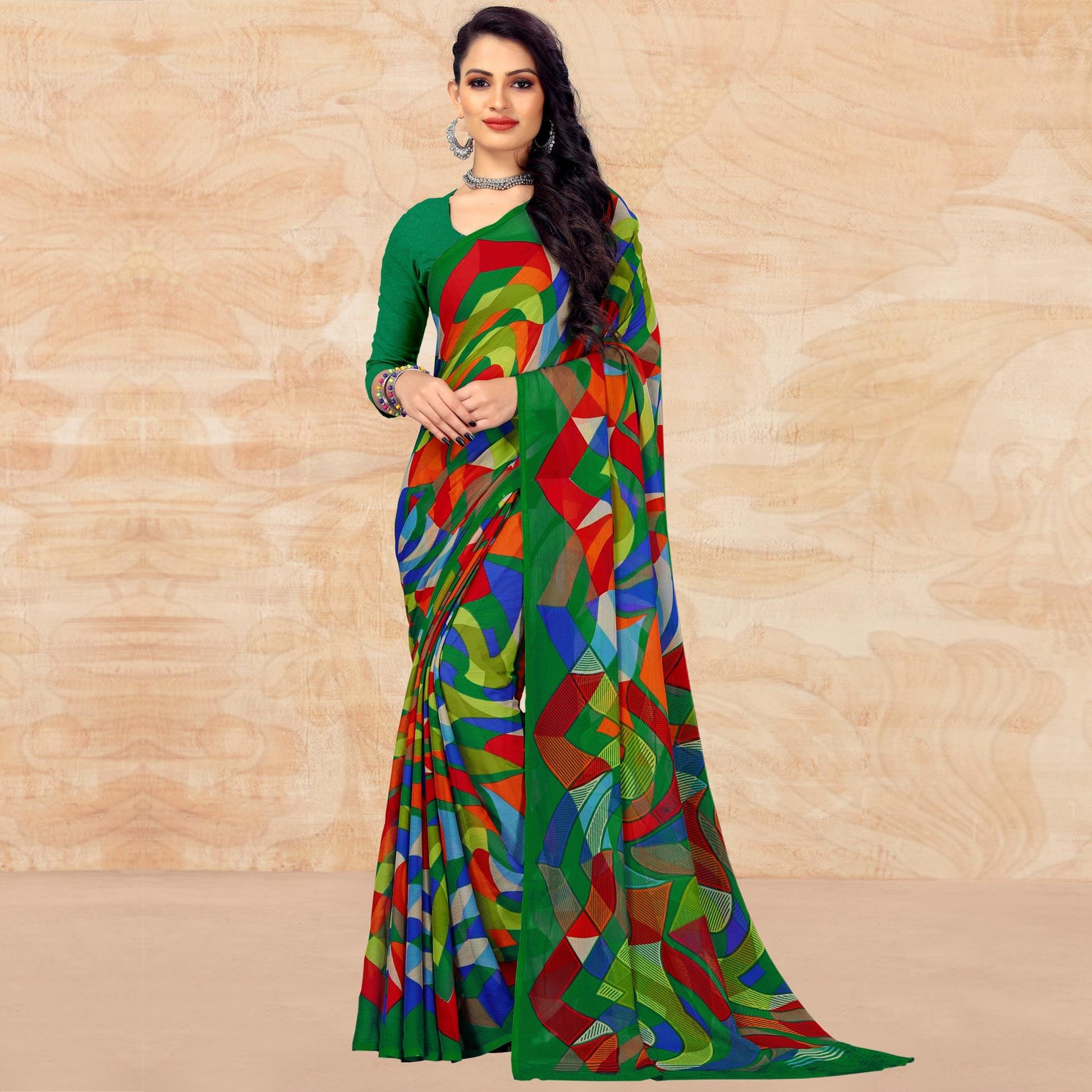 green-casual-wear-abstract-printed-chiffon-saree-109104