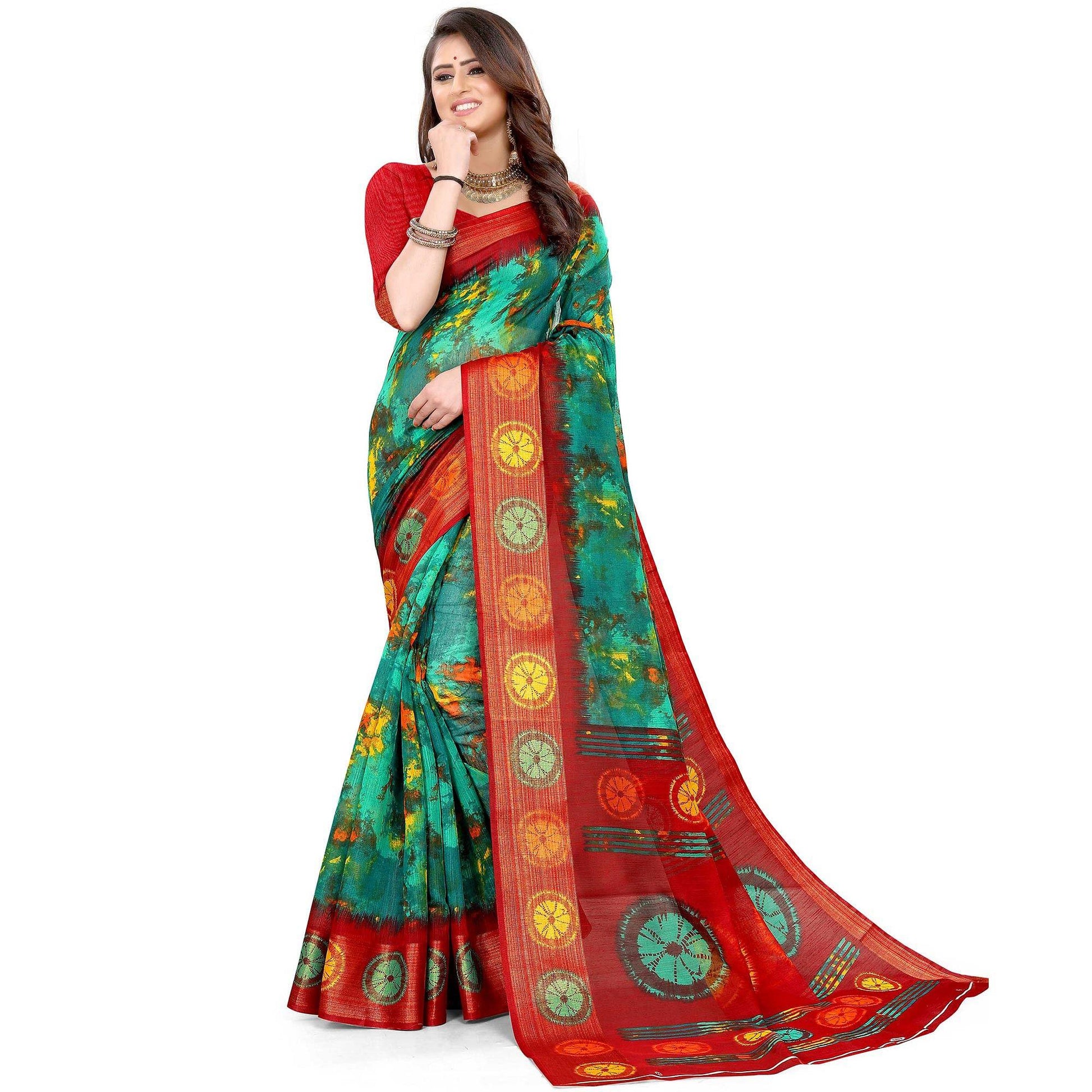 green-casual-wear-abstract-printed-cotton-linen-saree-107774