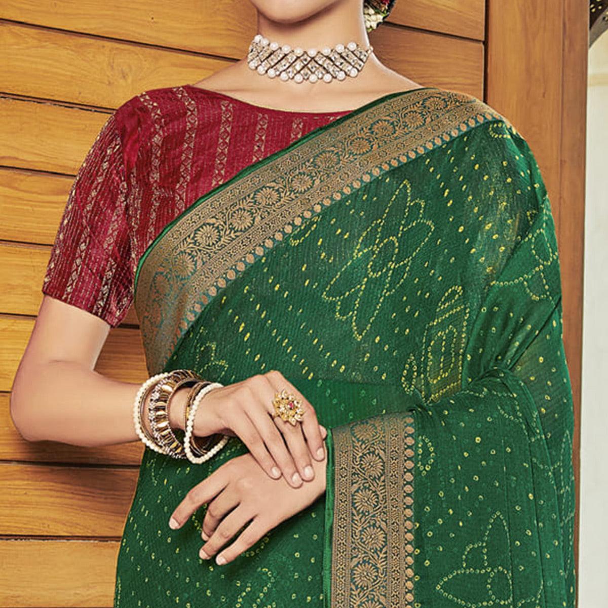 green-casual-wear-bandhani-printed-chiffon-saree-134629