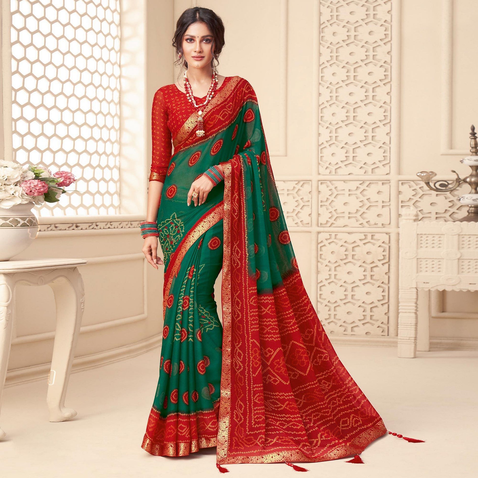 green-casual-wear-bandhani-printed-chiffon-saree-with-tassels-142057
