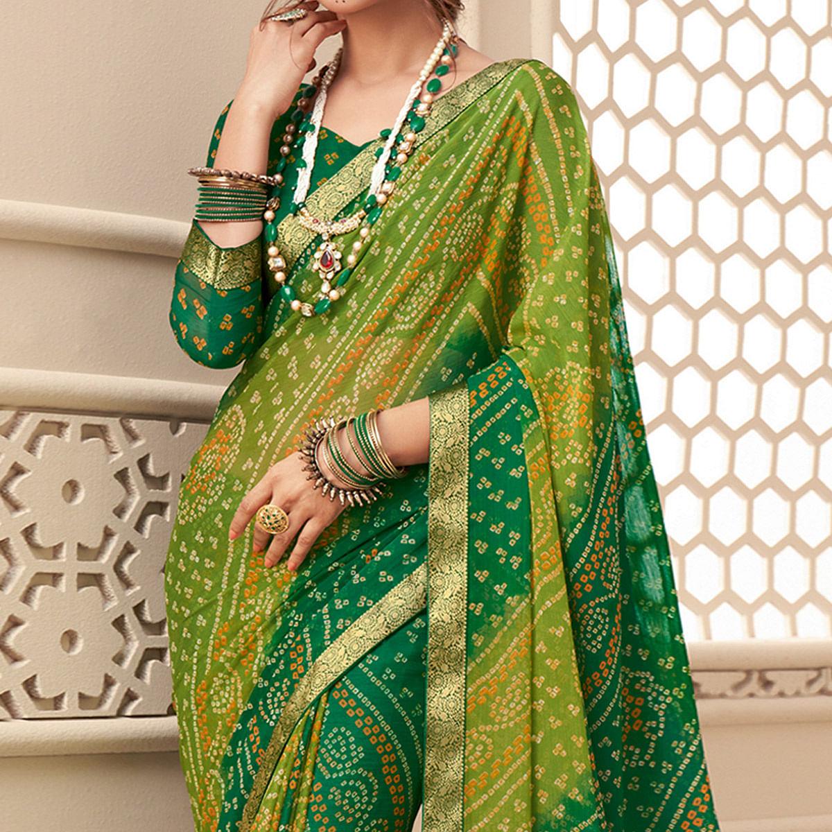green-casual-wear-bandhani-printed-chiffon-saree-with-tassels-142064