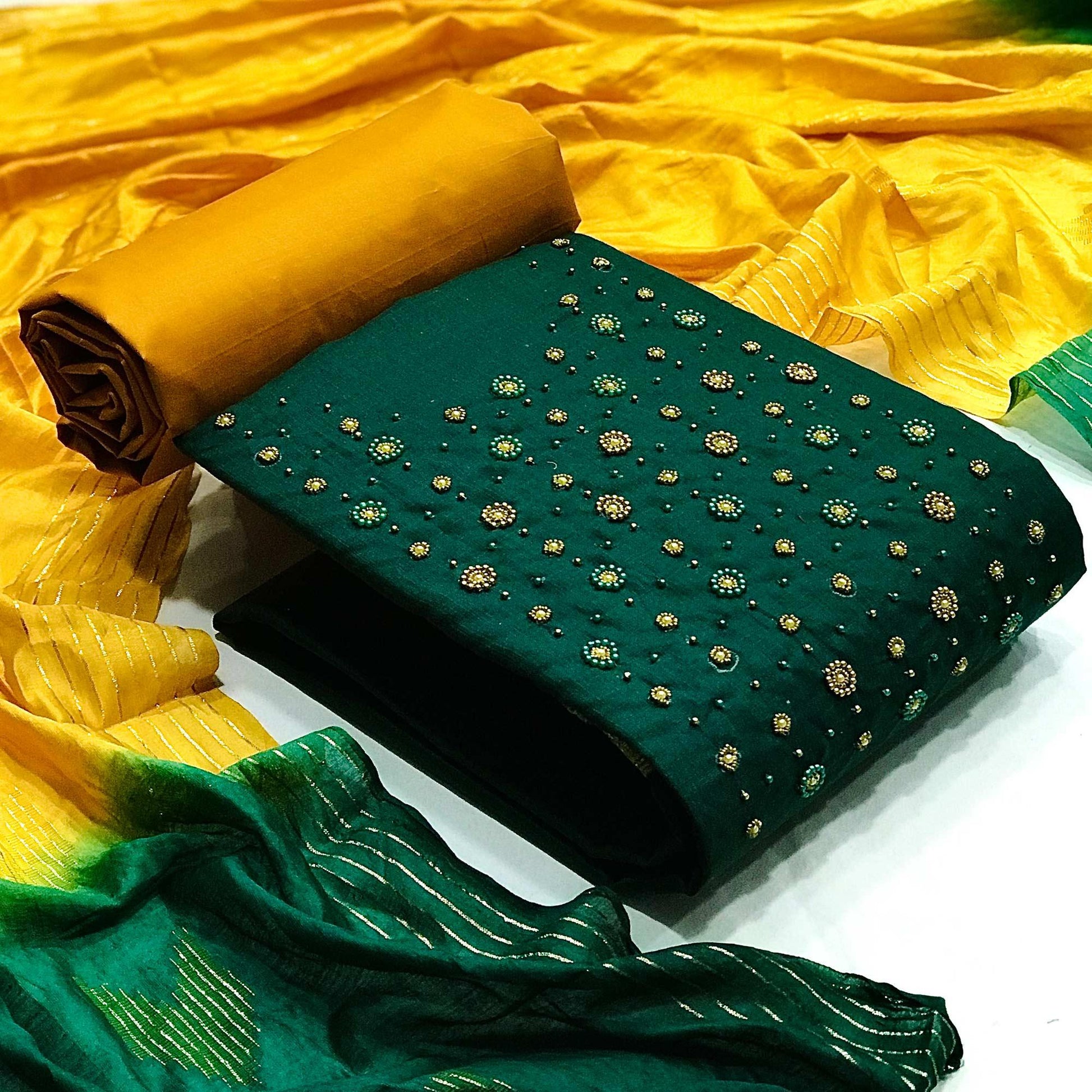 green-casual-wear-beads-handwork-pure-cotton-dress-material-140859