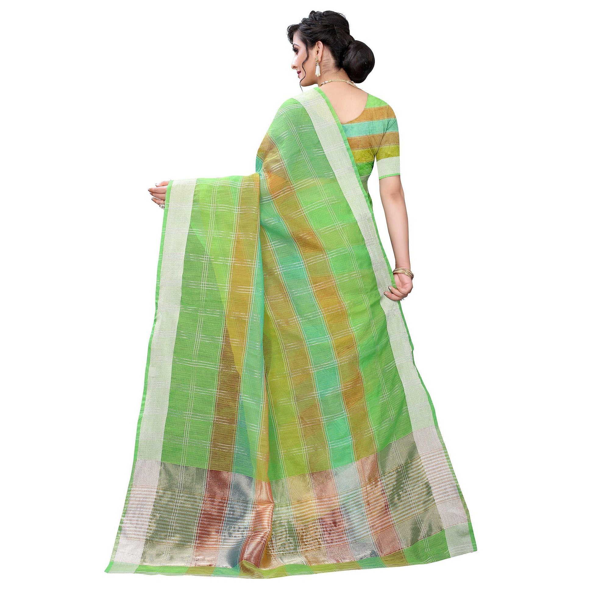 green-casual-wear-checks-printed-kota-doria-saree-with-border-115235