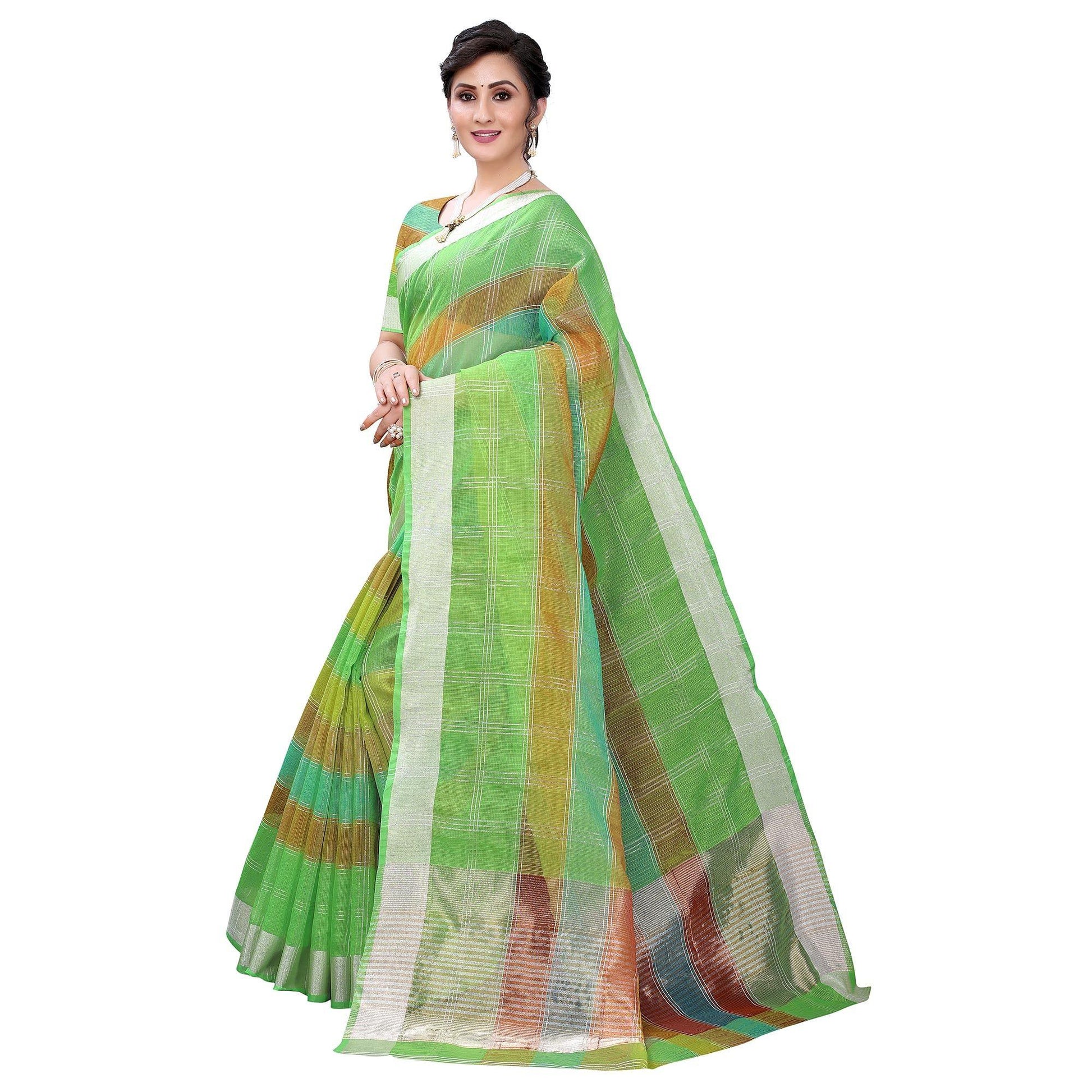 green-casual-wear-checks-printed-kota-doria-saree-with-border-115235