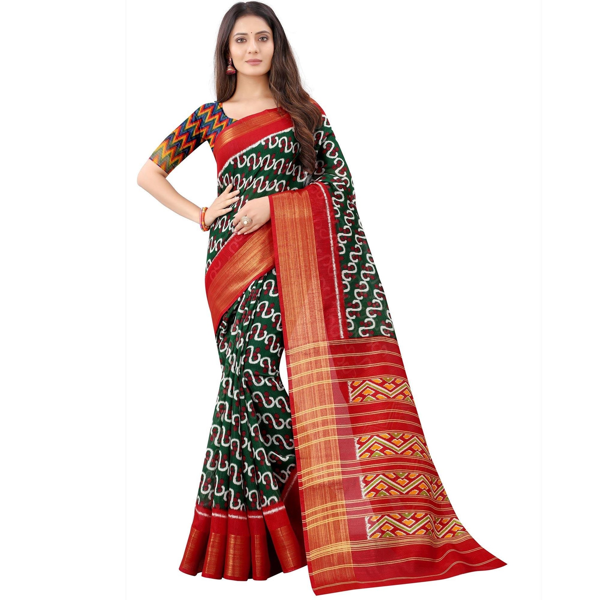 green-casual-wear-designer-hand-black-printed-cotton-linen-saree-110445
