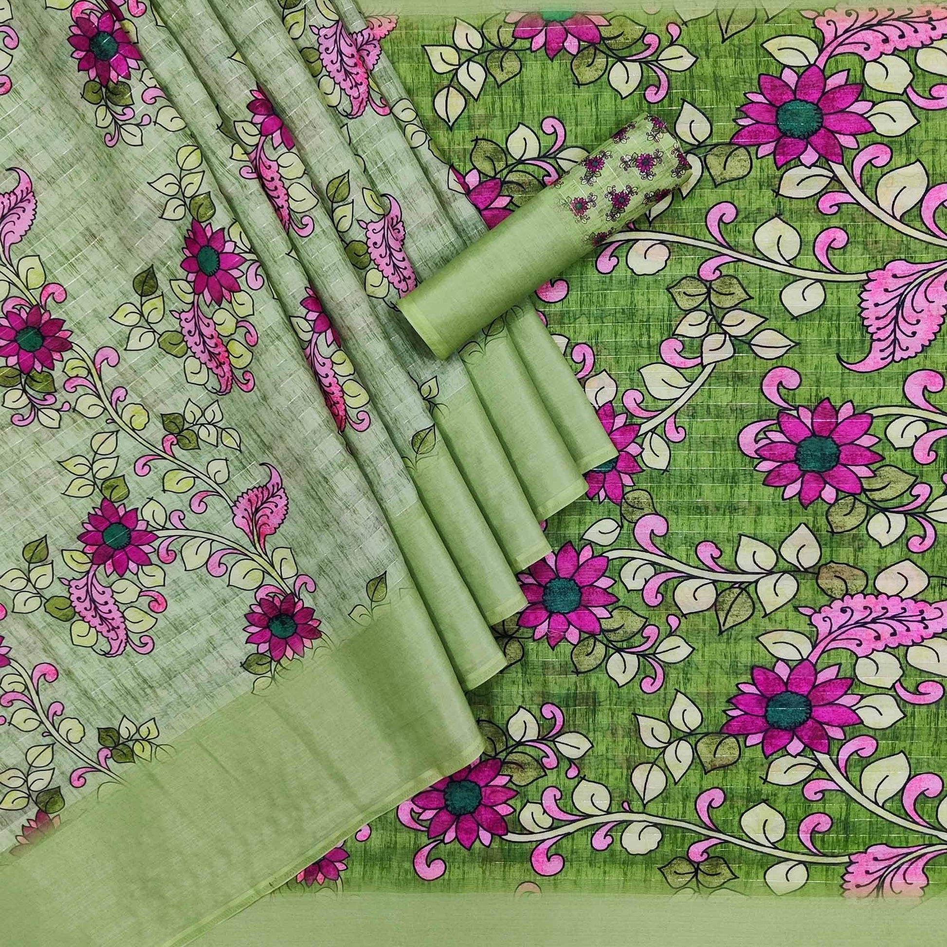 green-casual-wear-digital-floral-printed-cotton-silk-saree-141072