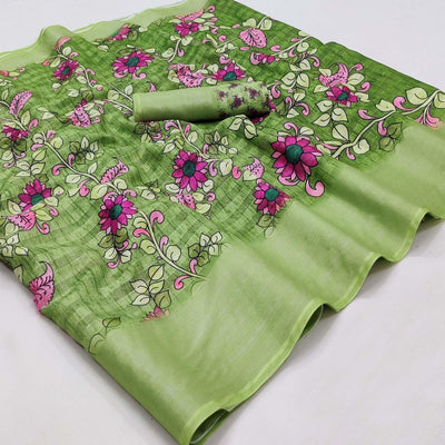 green-casual-wear-digital-floral-printed-cotton-silk-saree-141072