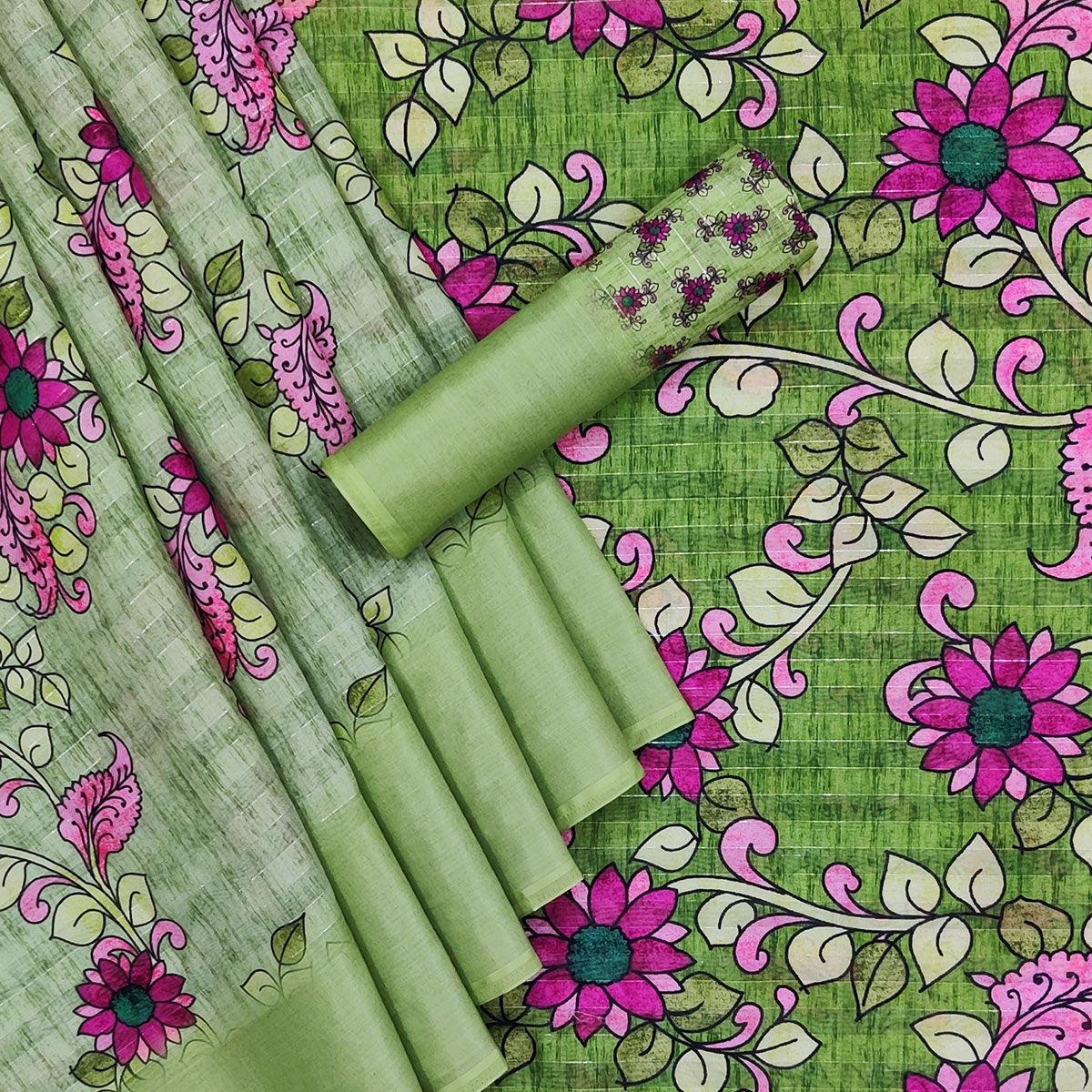 green-casual-wear-digital-floral-printed-cotton-silk-saree-141072