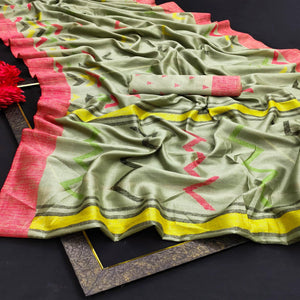 green-casual-wear-digital-printed-cotton-saree-129148