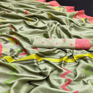 green-casual-wear-digital-printed-cotton-saree-129148