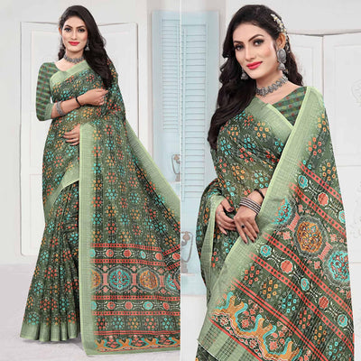 green-casual-wear-digital-printed-cotton-silk-saree-140666