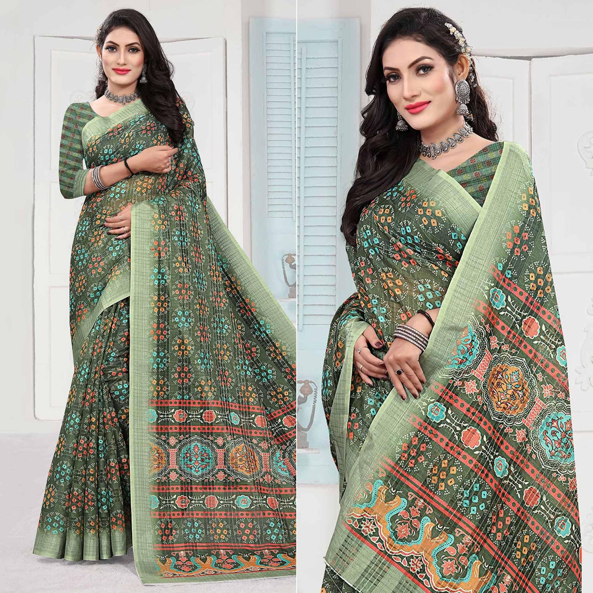 green-casual-wear-digital-printed-cotton-silk-saree-140666