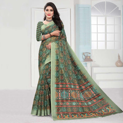 green-casual-wear-digital-printed-cotton-silk-saree-140666