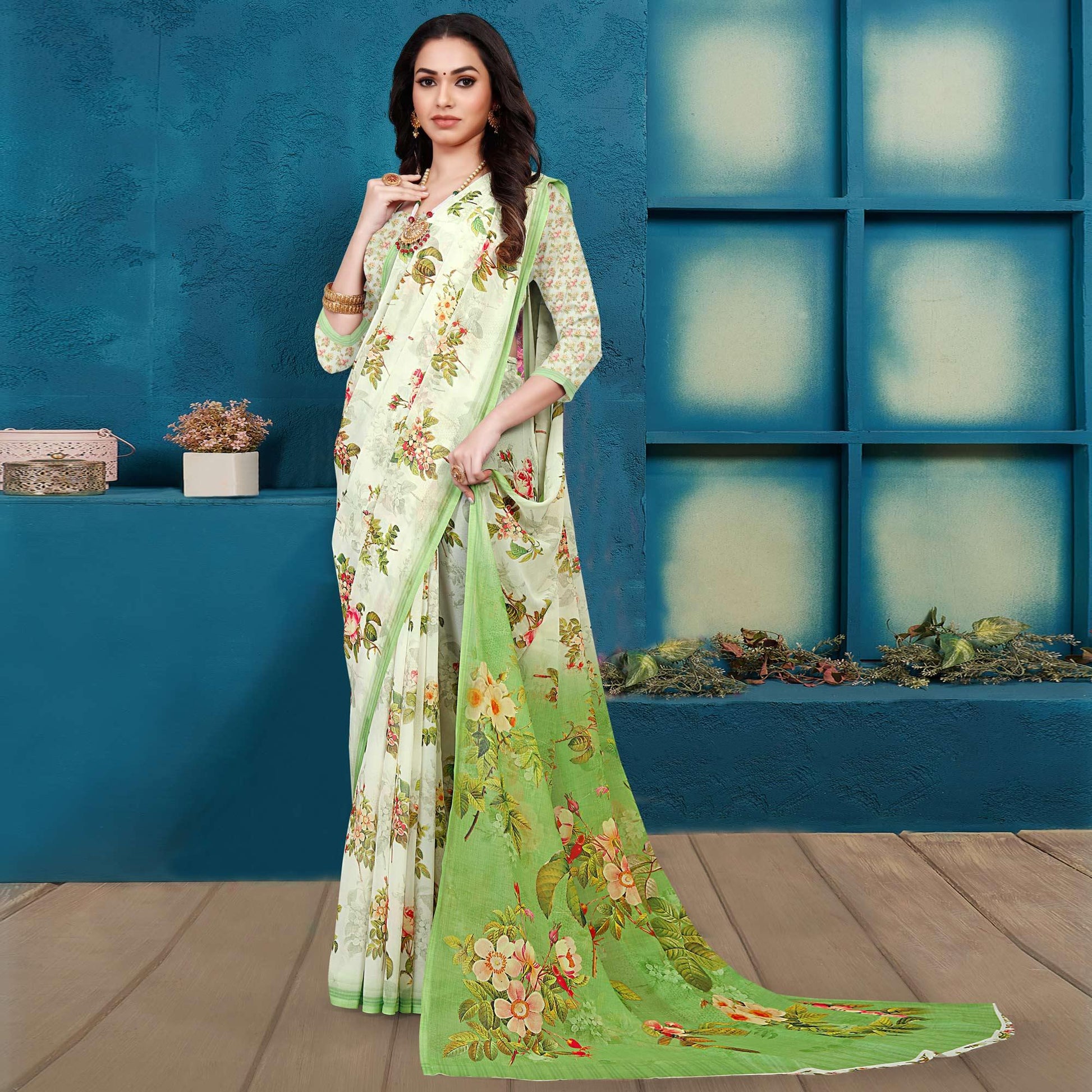 green-casual-wear-digital-printed-georgette-saree-139306