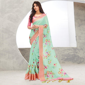 green-casual-wear-digital-printed-pure-linen-saree-126131