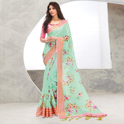 green-casual-wear-digital-printed-pure-linen-saree-126131