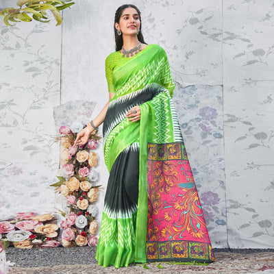 green-casual-wear-digital-printed-pure-linen-saree-126145
