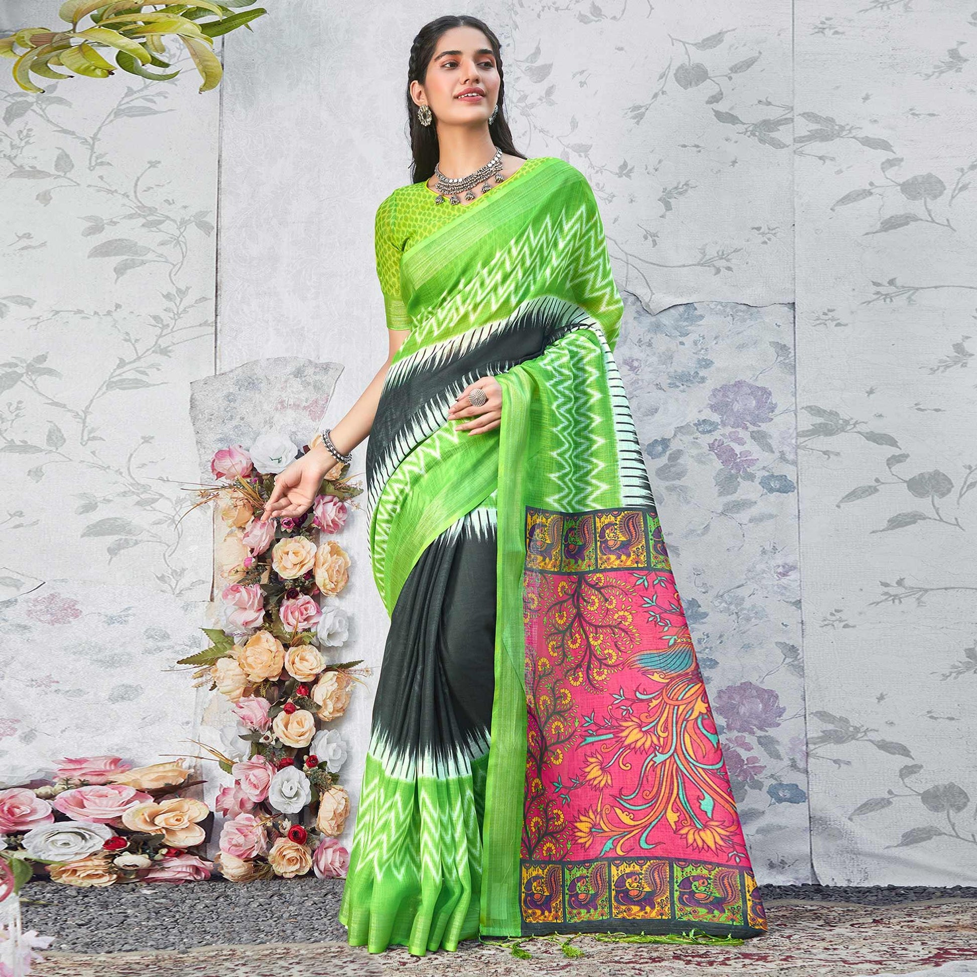 green-casual-wear-digital-printed-pure-linen-saree-126145