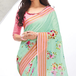 green-casual-wear-digital-printed-pure-linen-saree-126131