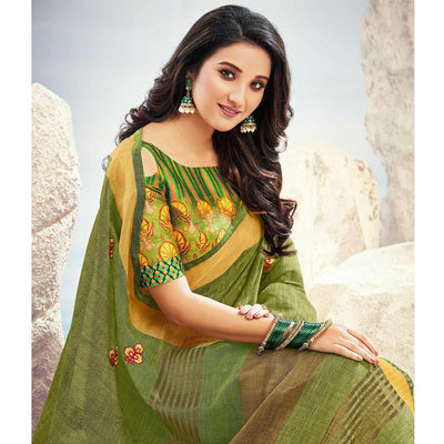 green-casual-wear-embroidered-zari-pallu-linen-cotton-saree-111923