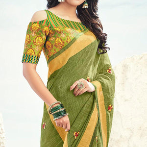 green-casual-wear-embroidered-zari-pallu-linen-cotton-saree-111923