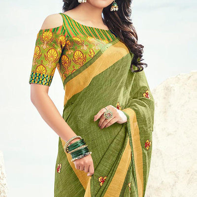 green-casual-wear-embroidered-zari-pallu-linen-cotton-saree-111923