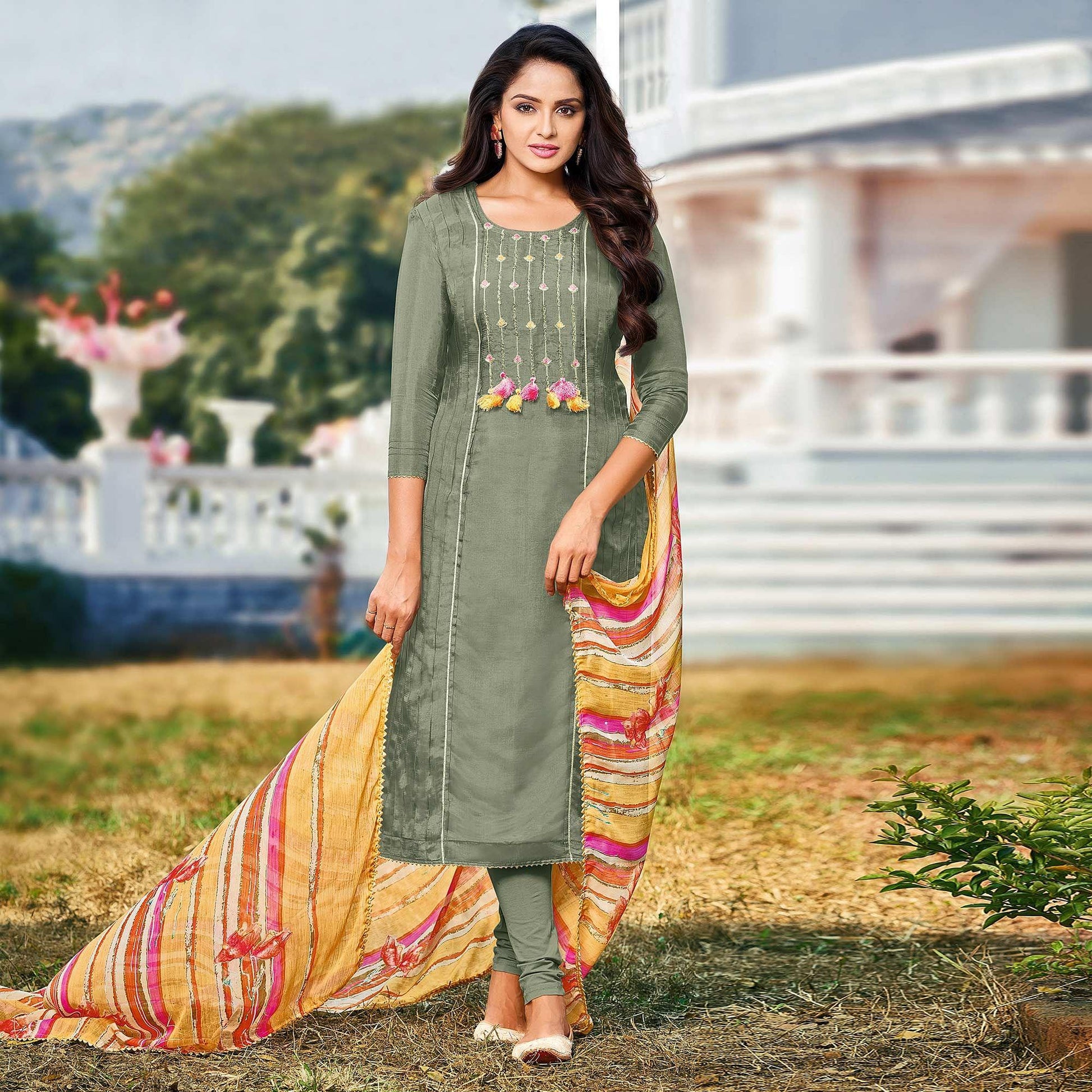 green-casual-wear-embroidered-chanderi-cotton-dress-material-128542