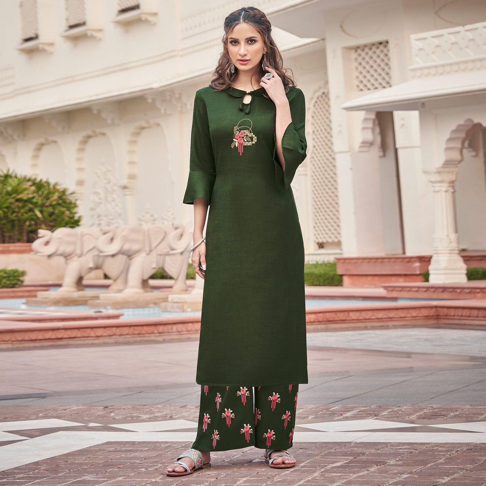 green-casual-wear-embroidered-cotton-pallazo-suit-105660