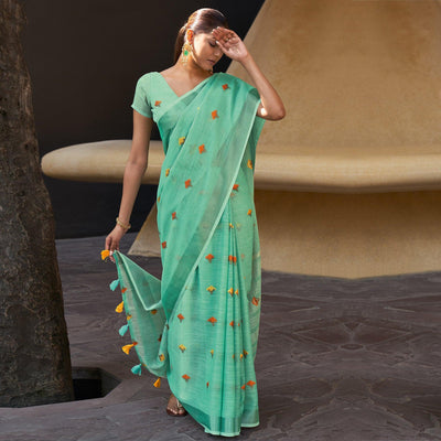 green-casual-wear-embroidered-linen-saree-132581