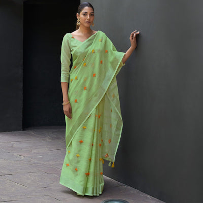 green-casual-wear-embroidered-linen-saree-132584