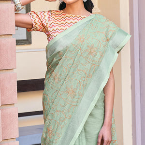green-casual-wear-embroidered-linen-saree-118719