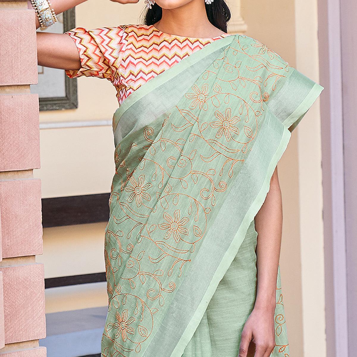 green-casual-wear-embroidered-linen-saree-118719
