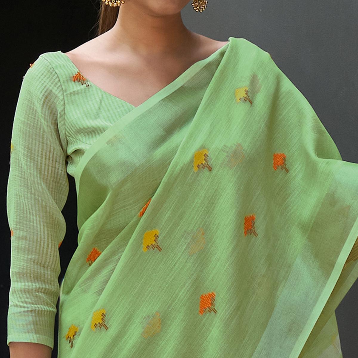 green-casual-wear-embroidered-linen-saree-132584
