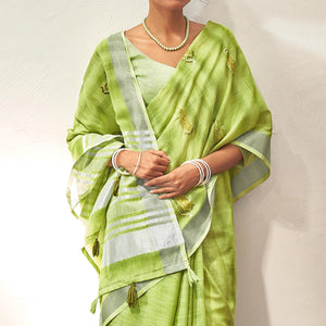 green-casual-wear-embroidered-linen-saree-with-tassels-139758