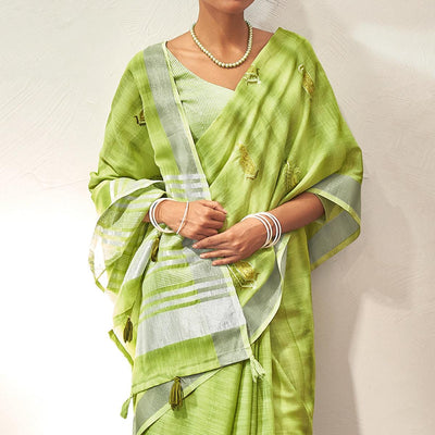 green-casual-wear-embroidered-linen-saree-with-tassels-139758