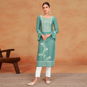 green-casual-wear-embroidered-pure-rayon-viscose-kurti-134988